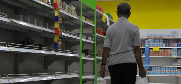 older man shopping at a supermarket with empty shelves