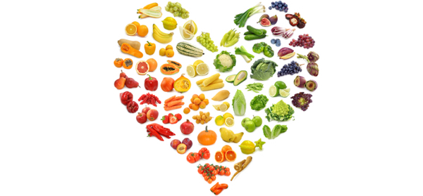 Healthy foods arranged into a heart shape