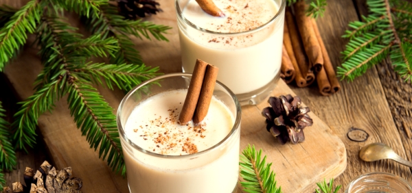 A glass of delicious eggnog served with cinnamon beside Christmas tree sprigs