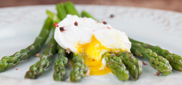 plate of asparagus and poched eggs