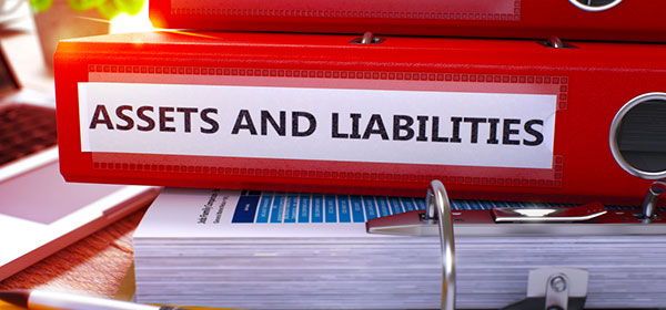 red folder with assets and liabilities printed on the spine